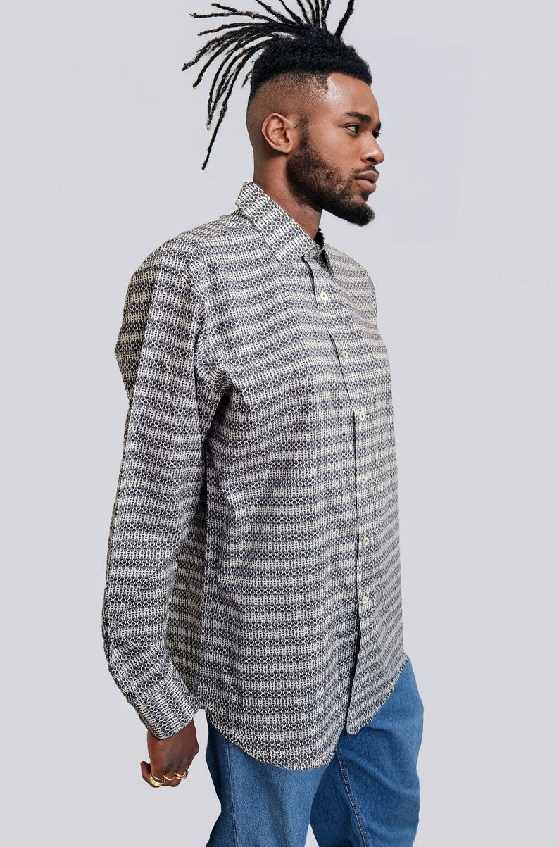 Men's Geometric Fish Print Button Down Shirt | LARGE