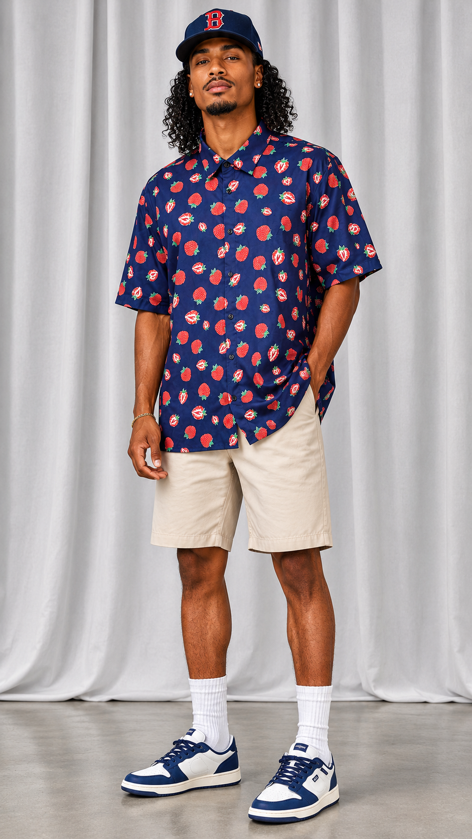 Mens Strawberry Print Button Up Shirt | Navy Blue Fruit Print Summer Shirt | LARGE