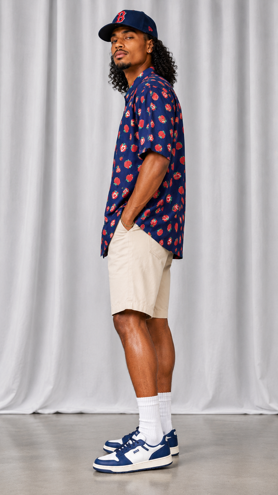Mens Strawberry Print Button Up Shirt | Navy Blue Fruit Print Summer Shirt | LARGE