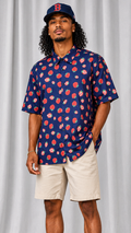 Mens Strawberry Print Button Up Shirt | Navy Blue Fruit Print Summer Shirt | LARGE