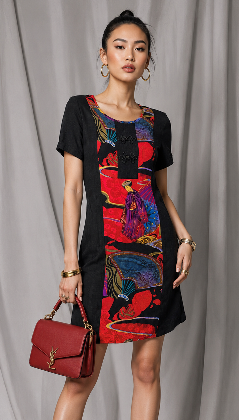 Vintage 90s Colorful Japanese Print Dress Size | SMALL