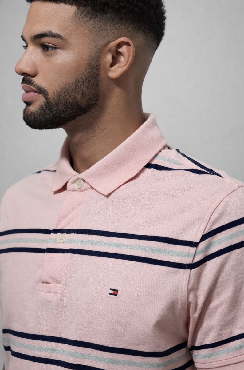 2000's Vintage Tommy Hilfiger Pink Striped Polo Shirt | SMALL