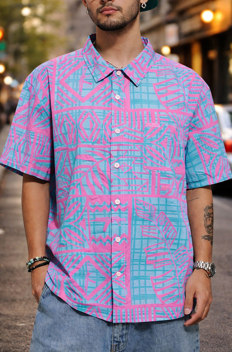 90s Neon Geo Print Button-Up Shirt | X-LARGE